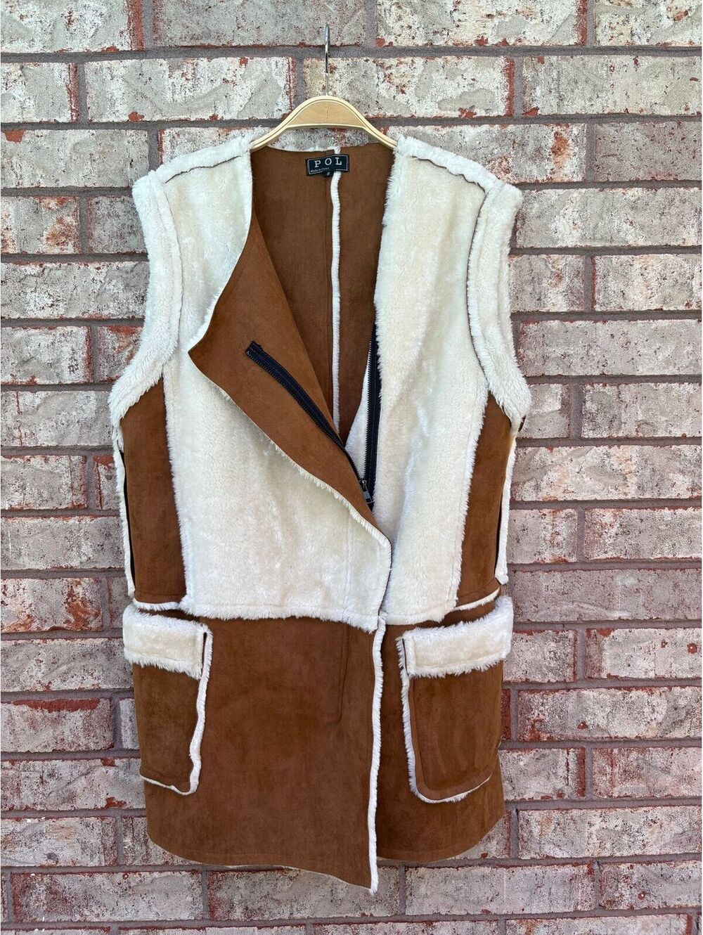 POL Sherpa Vest Brown faux suede cream faux fur lining and pockets Size S